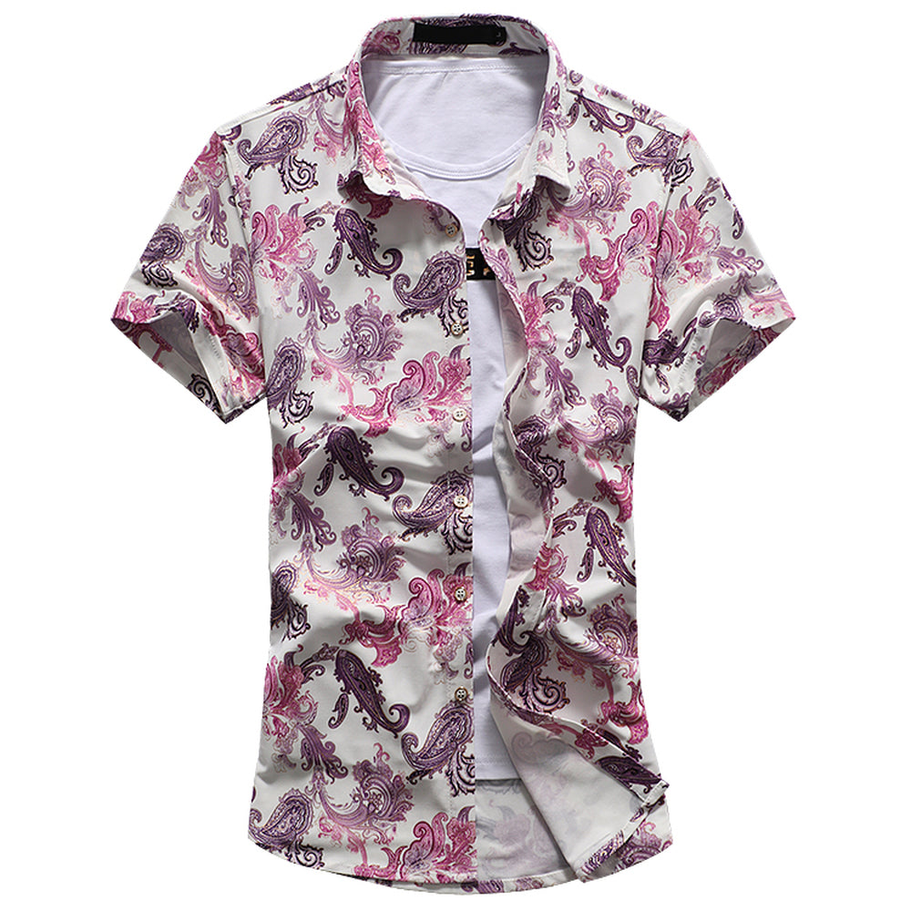 Pink Flower Print Men Shirt